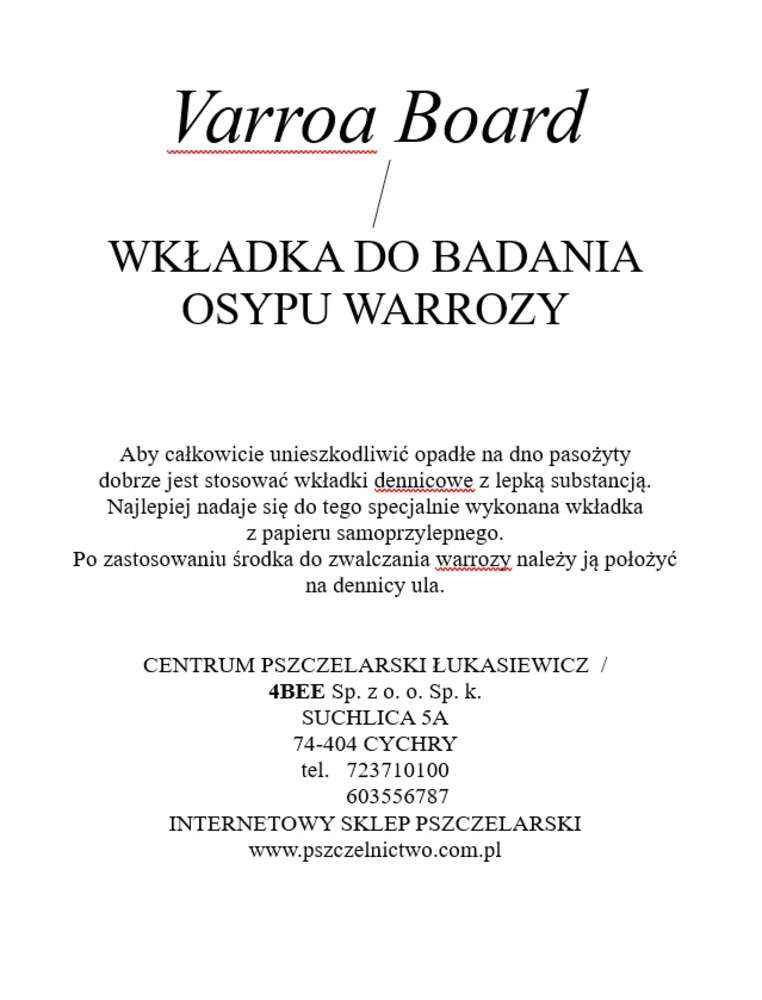 Wkładka do badania osypu warrozy - Varroa Board