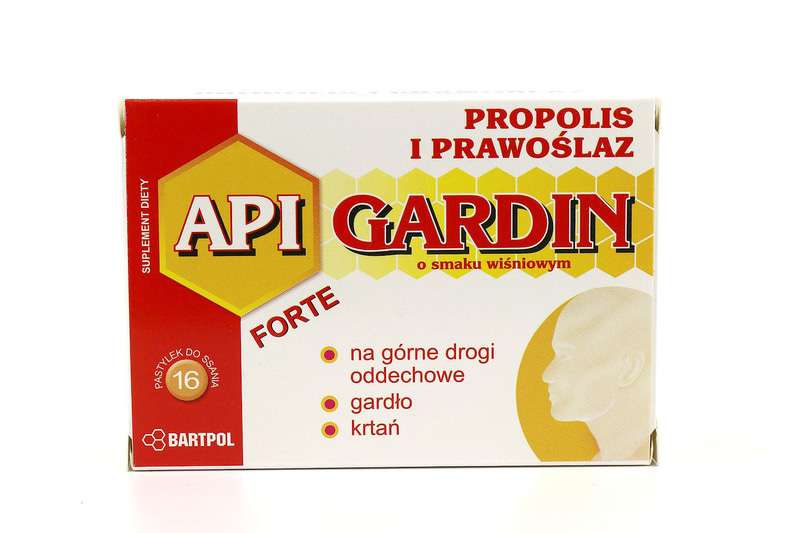 Pastylki propolis i prawoślaz o smaku wiśniowym APIGARDIN Forte 16szt