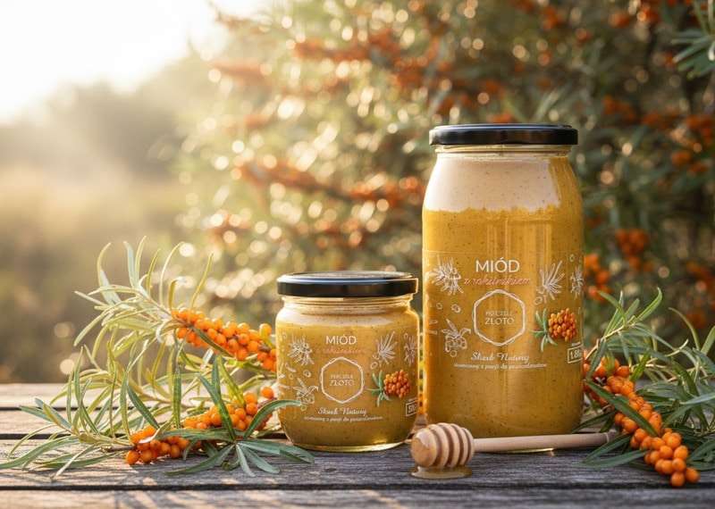 Miód z Rokitnikiem 500g Pszczele Złoto Łukasiewicz® Miód z Rokitnikiem 500g Pszczele Złoto Łukasiewicz®