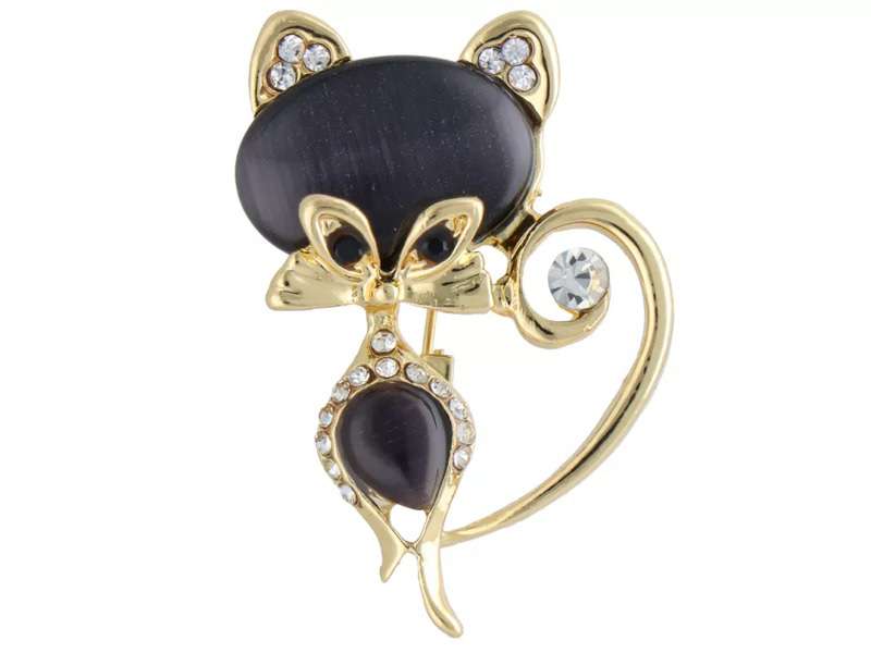 Broszka Kot czarny z cyrkoniami