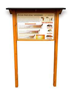 Tablica Edukacyjna: ZYCIE PSZCZOŁY MIODNEJ w oprawie drewnianej z kotwami i daszkiem