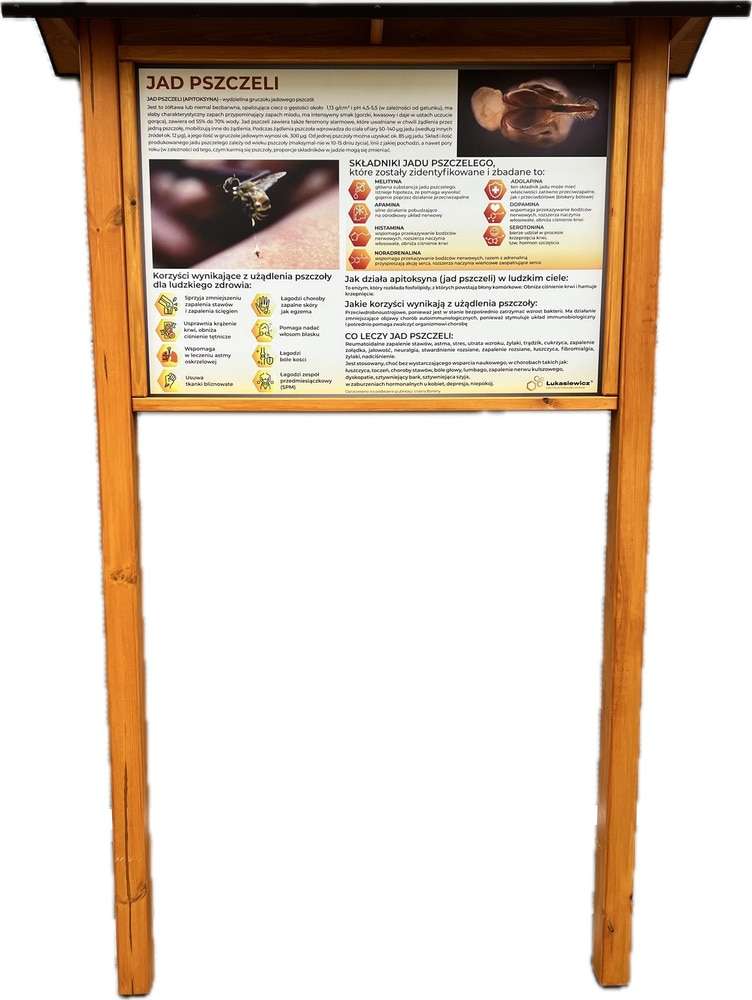 Tablica edukacyjna JAD PSZCZELI w obramowaniu drewnianym z kotwami i daszkiem