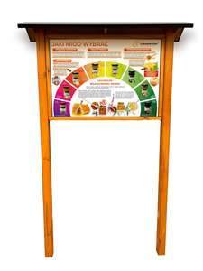 Tablica edukacyjna JAKI MIÓD WYBRAĆ w oprawie drewnianej z kotwami i daszkiem