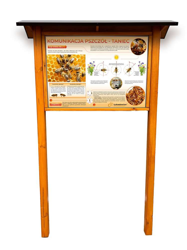 Tablica edukacyjna KOMUNIKACJA PSZCZÓŁ-TANIEC w oprawie drewnianej z kotwami i daszkiem