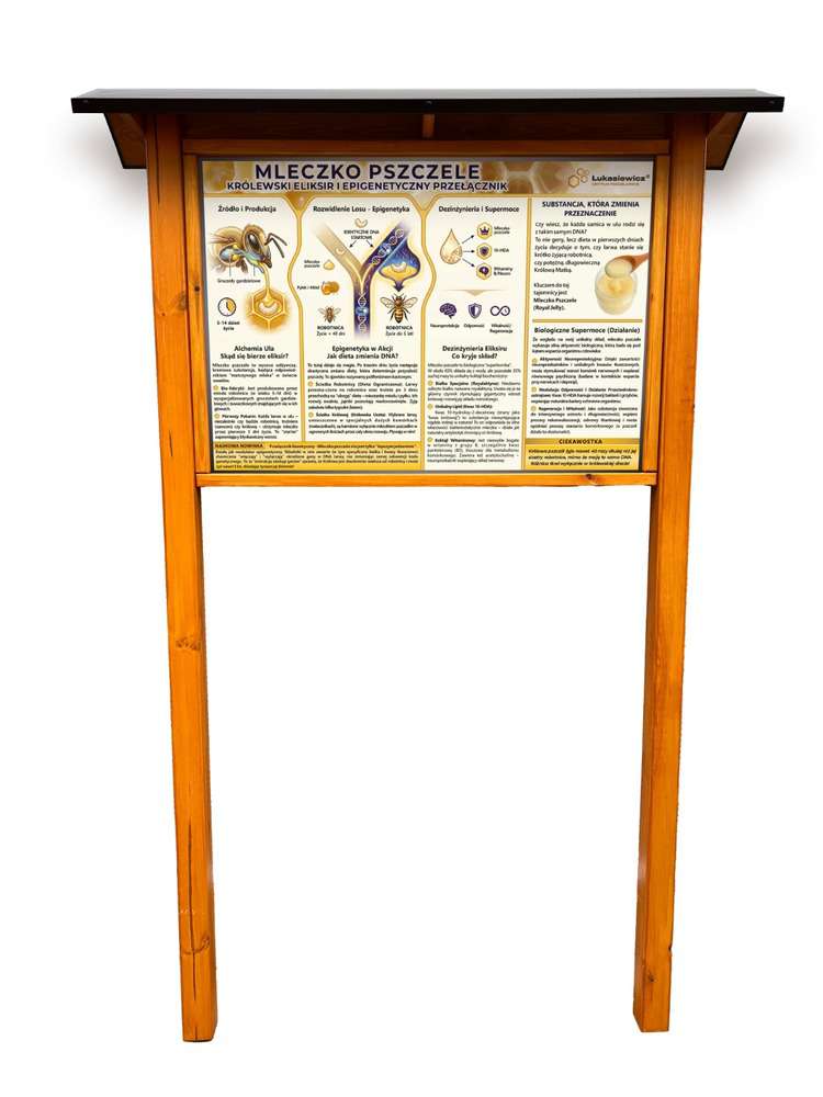 Tablica edukacyjna MLECZKO PSZCZELE w obramowaniu drewnianym z kotwami i daszkiem