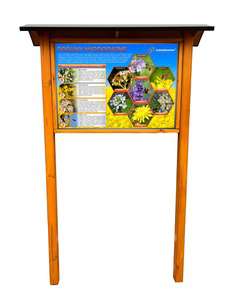 Tablica edukacyjna ROŚLINY MIODODAJNE HEXAGONY w oprawie drewnianej z kotwami i daszkiem