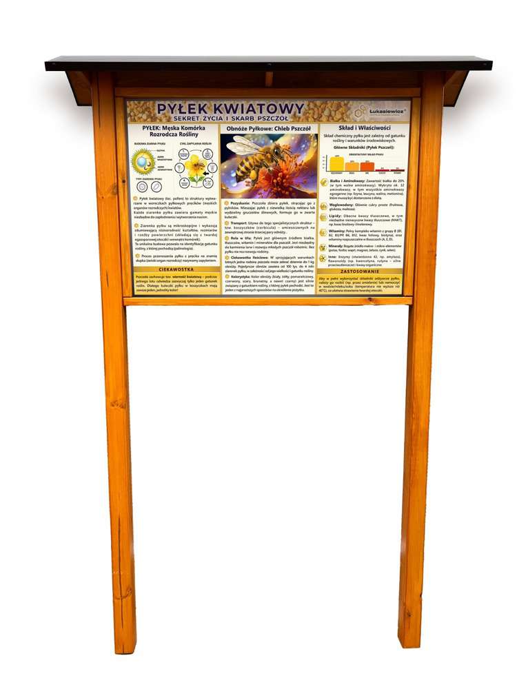 Tablica edukacyjna PYŁEK KWIATOWY w oprawie drewnianej z kotwami i daszkiem Tablica edukacyjna PYŁEK KWIATOWY w oprawie drewnianej z kotwami i daszkiem