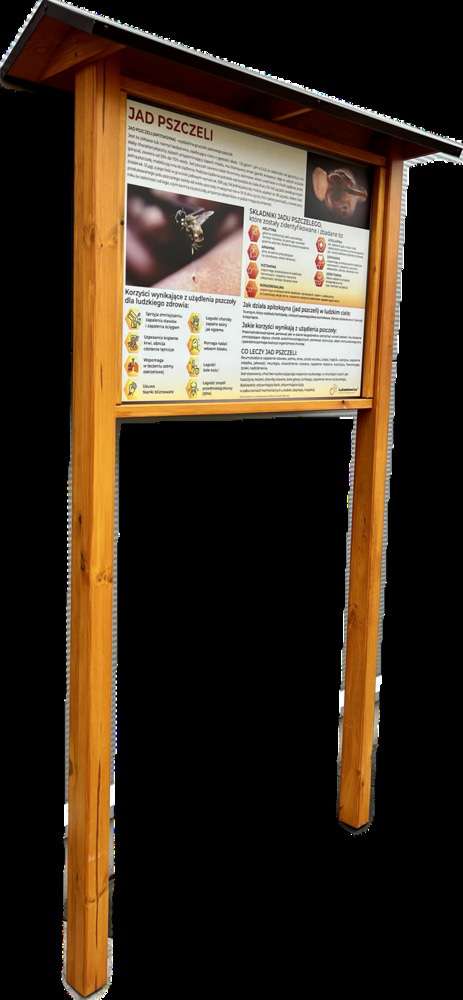 Tablica edukacyjna PYŁEK KWIATOWY w oprawie drewnianej z kotwami i daszkiem Tablica edukacyjna PYŁEK KWIATOWY w oprawie drewnianej z kotwami i daszkiem