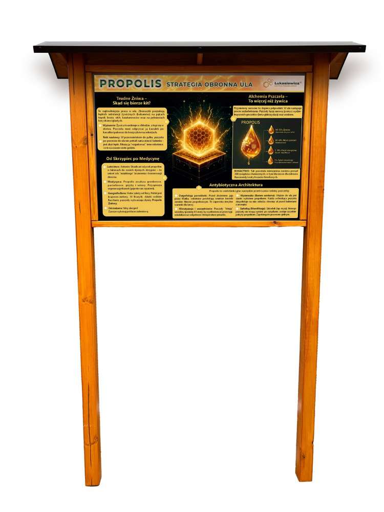 Tablica edukacyjna PROPOLIS w oprawie drewnianej z kotwami i daszkiem