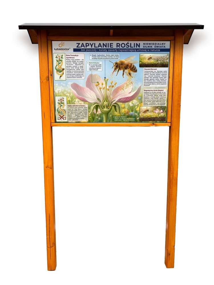 Tablica edukacyjna ZAPYLENIE ROŚLIN w oprawie drewnianej z kotwami  i daszkiem