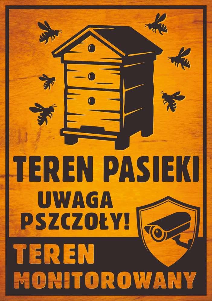 Tablica ostrzegawcza mała drewnopodobna w pionie PASIEKA MONITOROWANA wzór 2