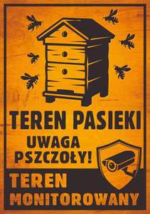 Tablica ostrzegawcza mała drewnopodobna w pionie PASIEKA MONITOROWANA wzór 2
