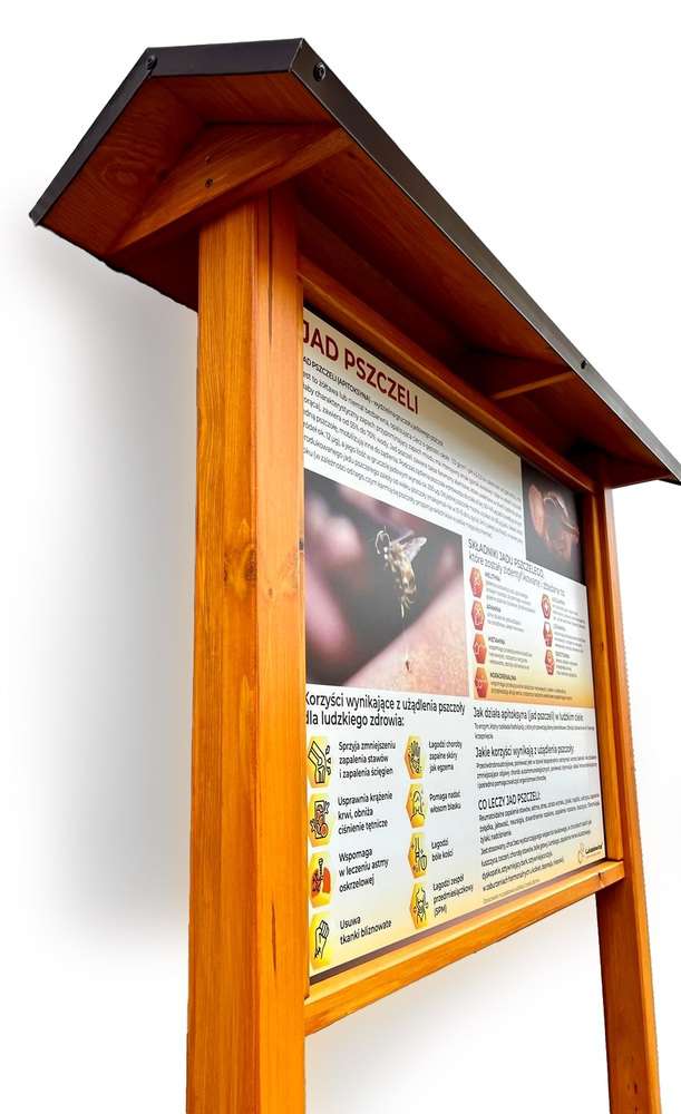Tablica edukacyjna PSZCZELE MAPOWANIE-TANECZNY JĘZYK DANYCH w oprawie drewnianej z kotwami i daszkiem Tablica edukacyjna PSZCZELE MAPOWANIE-TANECZNY JĘZYK DANYCH w oprawie drewnianej z kotwami i daszkiem